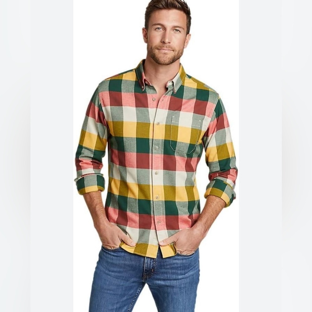 Gingham Flannel Button Down Eddie Bauer Large Excellent Condition - Picture 3 of 9